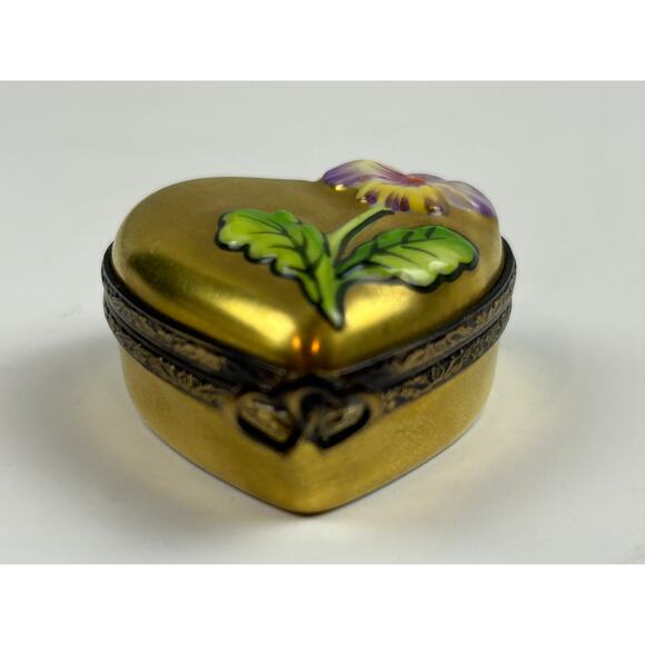 Rochard Limoges France Heart Trinket Box Hand Painted Pansy Gold Porcelain - Picture 2 of 12